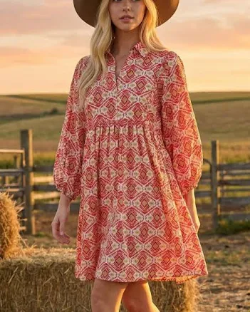 Collared Balloon Sleeve Print Dress