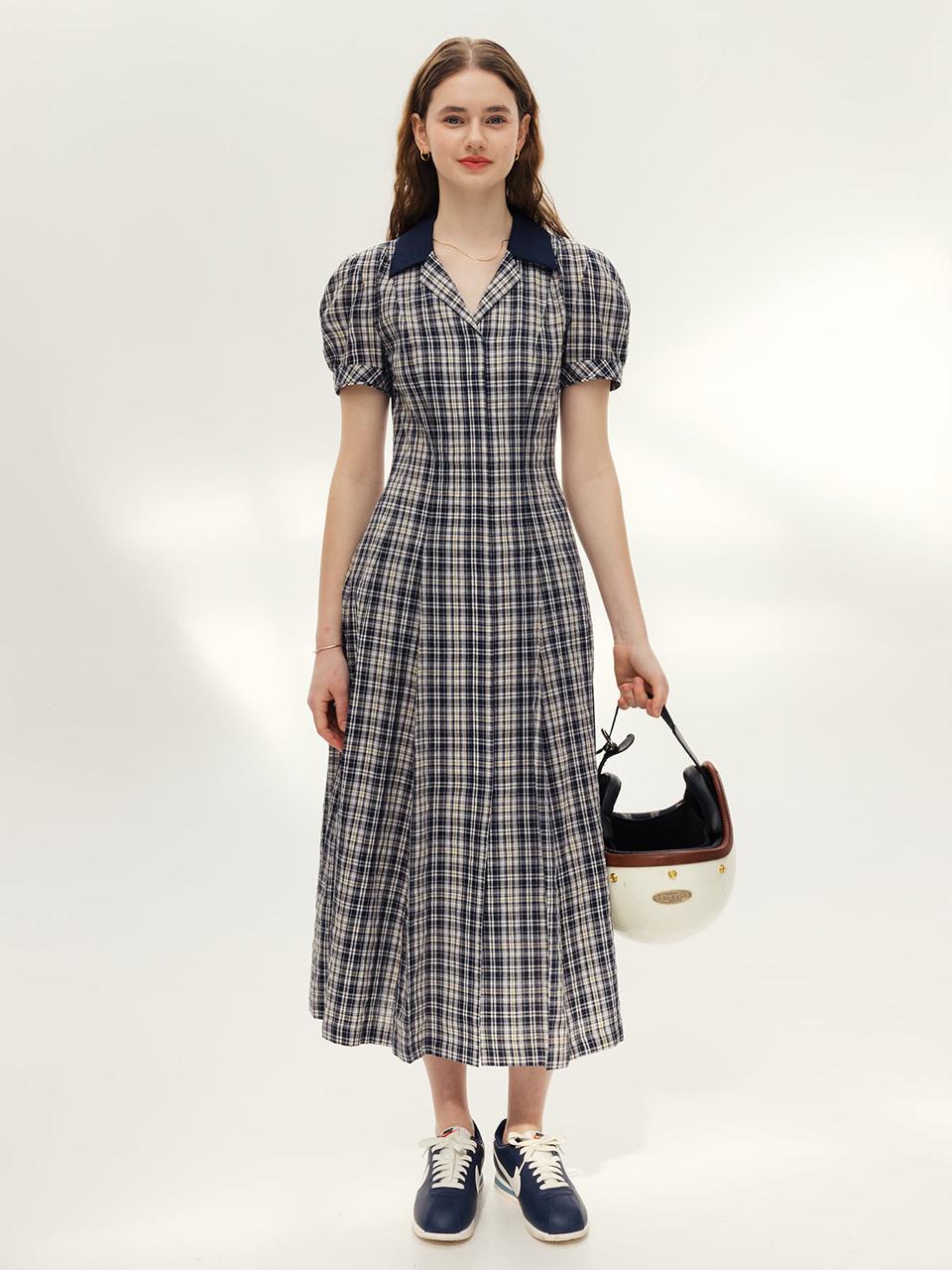 Jacksonville Notched Collar Check Long Dress (Navy check)