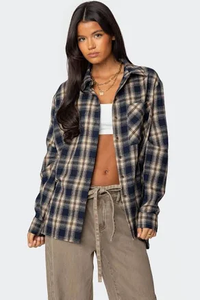Edikted Women's Plaid Flannel Button-Up Shirt