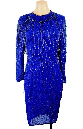 Vtg Black Tie Tassel Blue Sequin Wiggle Dress Mini Gatsby Party Beaded