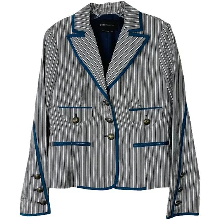 Bcbg White Blue Stripe Coastal Preppy Linen Button Blazer Jacket