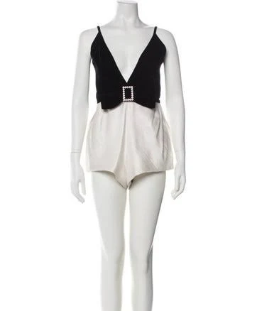 Saint Laurent Colorblock Pattern Plunge Neckline Romper in Neutrals, Women's US8, FR40 | M