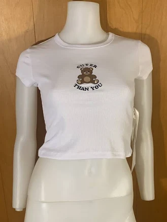 Ribbed Embroidered Teddy Bear Cuter Than You Y2k Crop T-shirt Top Size