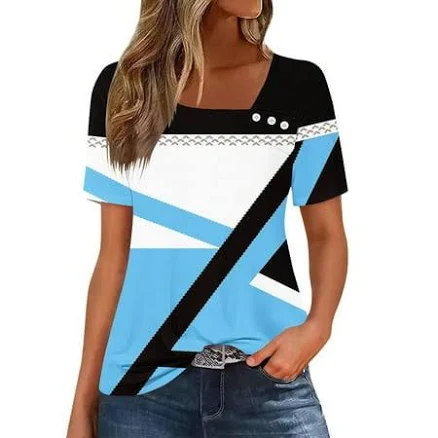 Ayolanni Women's Casual Color Block Striped Short Sleeve Square Neckline Blouse Oversized Fashion T-Shirt