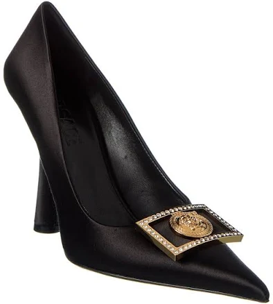 Versace Medusa Plaque Black Satin Pump – Designer Crystal-Embellished High Heel Dress Shoe, Size 36