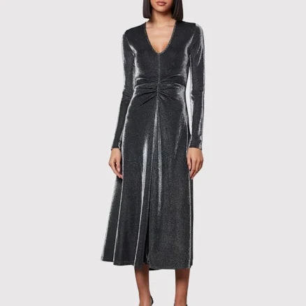 Rotate Birger Christensen Women Dress Black Metallic Midi V Neck Fit