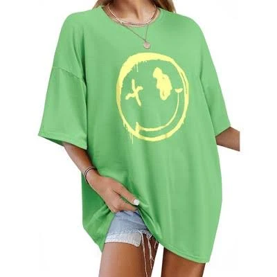 Women's Drop Shoulder Happy Smile Face Print T-Shirt