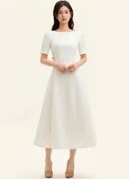 Crepe Boat Neckline Short Sleeve Flare Dress