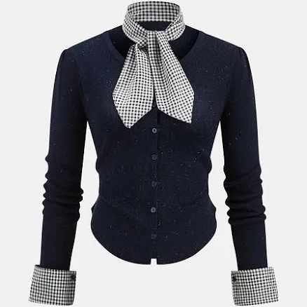 Gingham Cuff Button Front Cardigan with Scarf