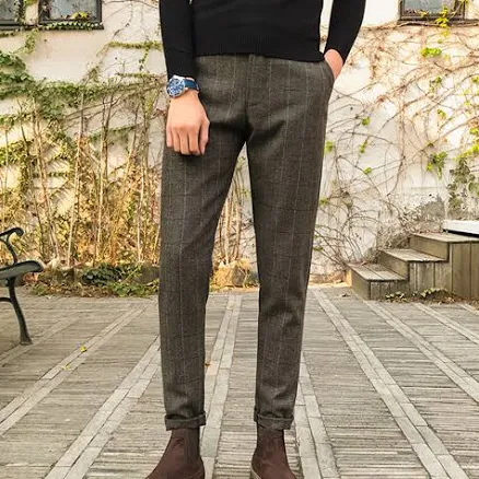 Mens Check Plaid Wool Blend Dress Pants Smart Business Trousers