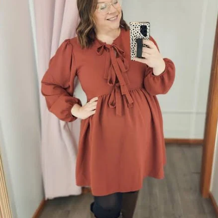 Kate Front Ribbon Bow Tie with Puff Bubble Long Sleeve Babydoll Dress