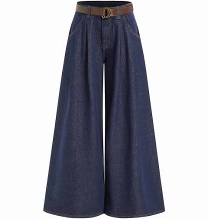 CIDER Women's Lightweight Low Rise Pleated Wide Leg Denim Jeans With Belt And Oversized Pockets For Day-To-Night