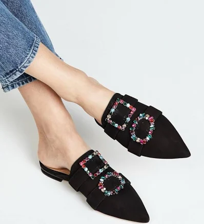 Schutz Rebeca Jeweled Mules Size 8.5 Black Suede Flats Pointy Toe $200