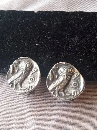 Vintage Owl Clip On Earrings Greek Coin By Alva Studios Double Sided
