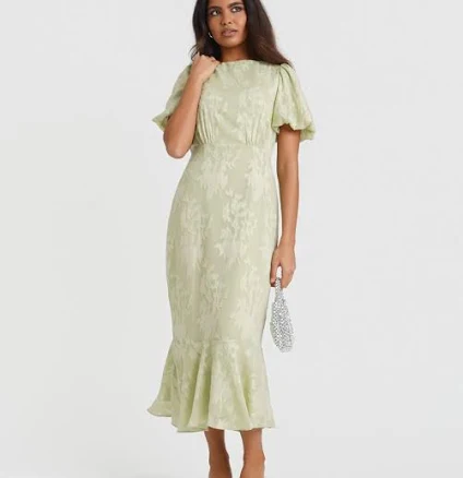 Jacquard Puff Sleeve Midi Dress