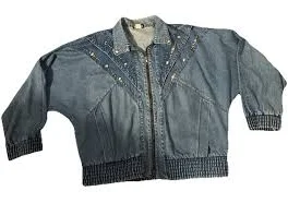 Vintage 80s Classic Retro Studded Denim Bomber Coat
