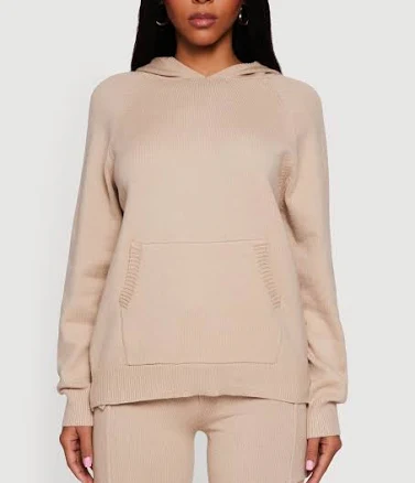 Womens Kangaroo Pocket Pullover Sweater Hoodie, Beige, Size S - Rainbow Shops