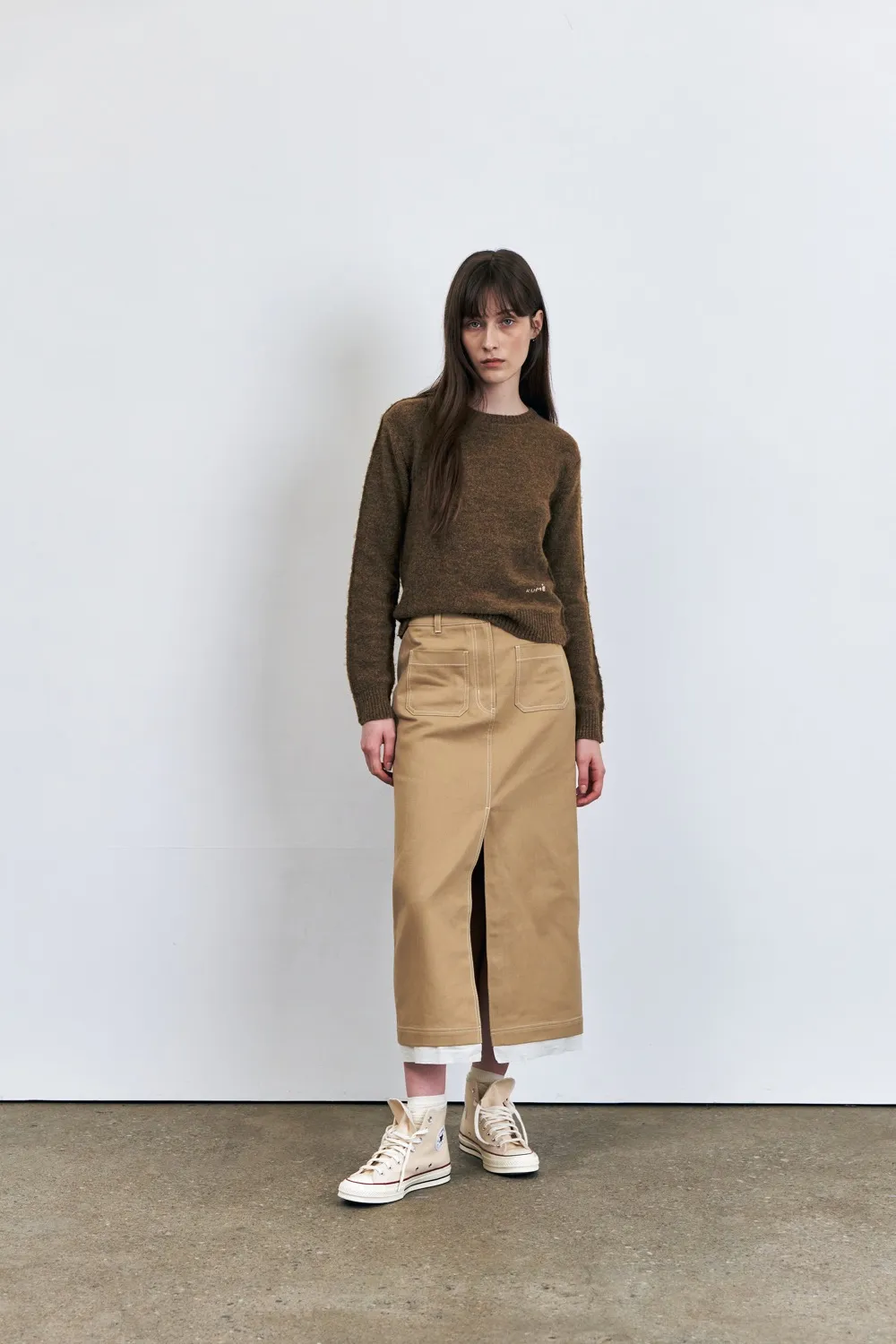 Frayed Lining H-line Stretch Skirt, Beige