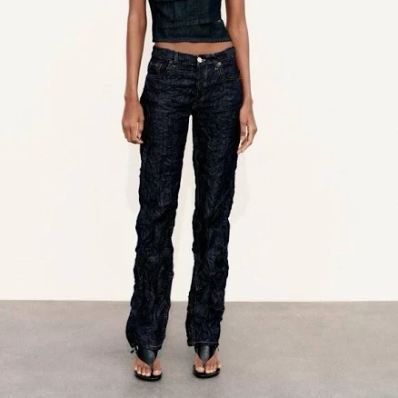 Zara Tnf Wrinkle Effect Dark Wash Denim Full Length Straight Leg Jeans
