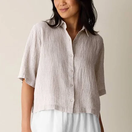 Eileen Fisher Women's Puckered Organic Linen Stripe Elbow-Sleeve Shirt