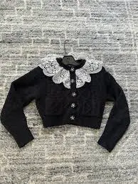 Self portrait fluffy black cardigan with pockets and white collar cropped size S