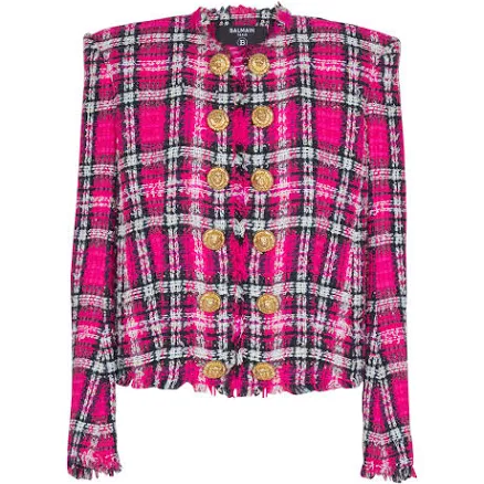 Balmain Cropped Glitter Plaid Tweed Jacket