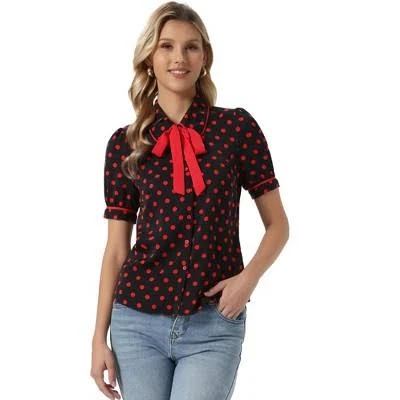 Allegra K Women's Polka Dot Peter Pan Collar Tie Neck Short Sleeve Shirt