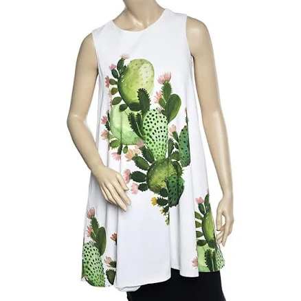 Sportmax White Cactus Print Crepe Sleeveless Aline Dress S