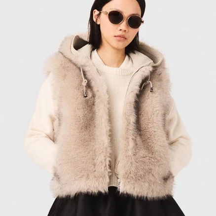 Maje Women's polyurethane Short faux fur jacket for Spring/Summer, size Large, in color Beige / Beige