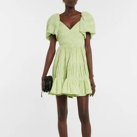 Jonathan Simkhai || Cadence Plissé Mini Dress Fit Flare Puff Sleeve