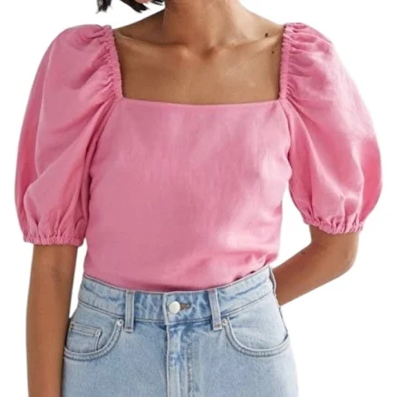 & Other Stories Linen Blend Puff Sleeve Square Neck Cropped Top Pink