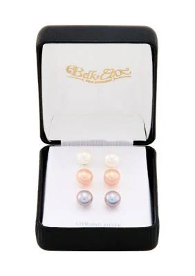 Sterling Silver Button Pearl Stud Earrings Set