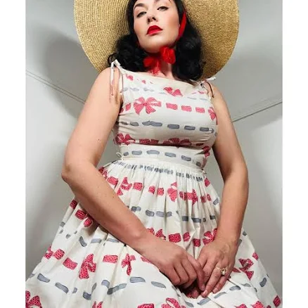 Vintage 1950s Novelty Cotton Dress with Ribbons and Bows