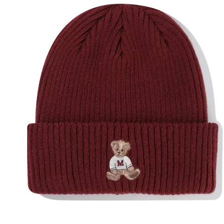 Marithe Francois Girbaud Beanie Doodle Bear Embroidered Navy Burgundy