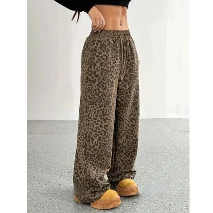 Women's Baggy Wide Leg Leopard Sweatpants with Pockets