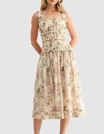 Mila Mae Floral Print Ruched Midi Dress