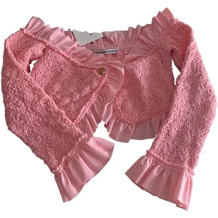 Alexander Wang Off-the-Shoulder Cropped Ruffled Stretch-seersucker Cardigan