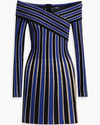 Balmain Women's Off-The-Shoulder Metallic Striped Knit Dress