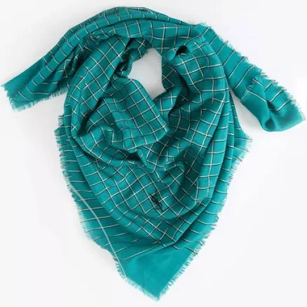Saint Laurent Vintage Checkered Lamé Scarf Blue