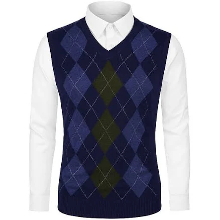 Men's Casual Argyle Vest Sweater Slim Fit Sleeveless Knit Pullover, Size: Large, Navy