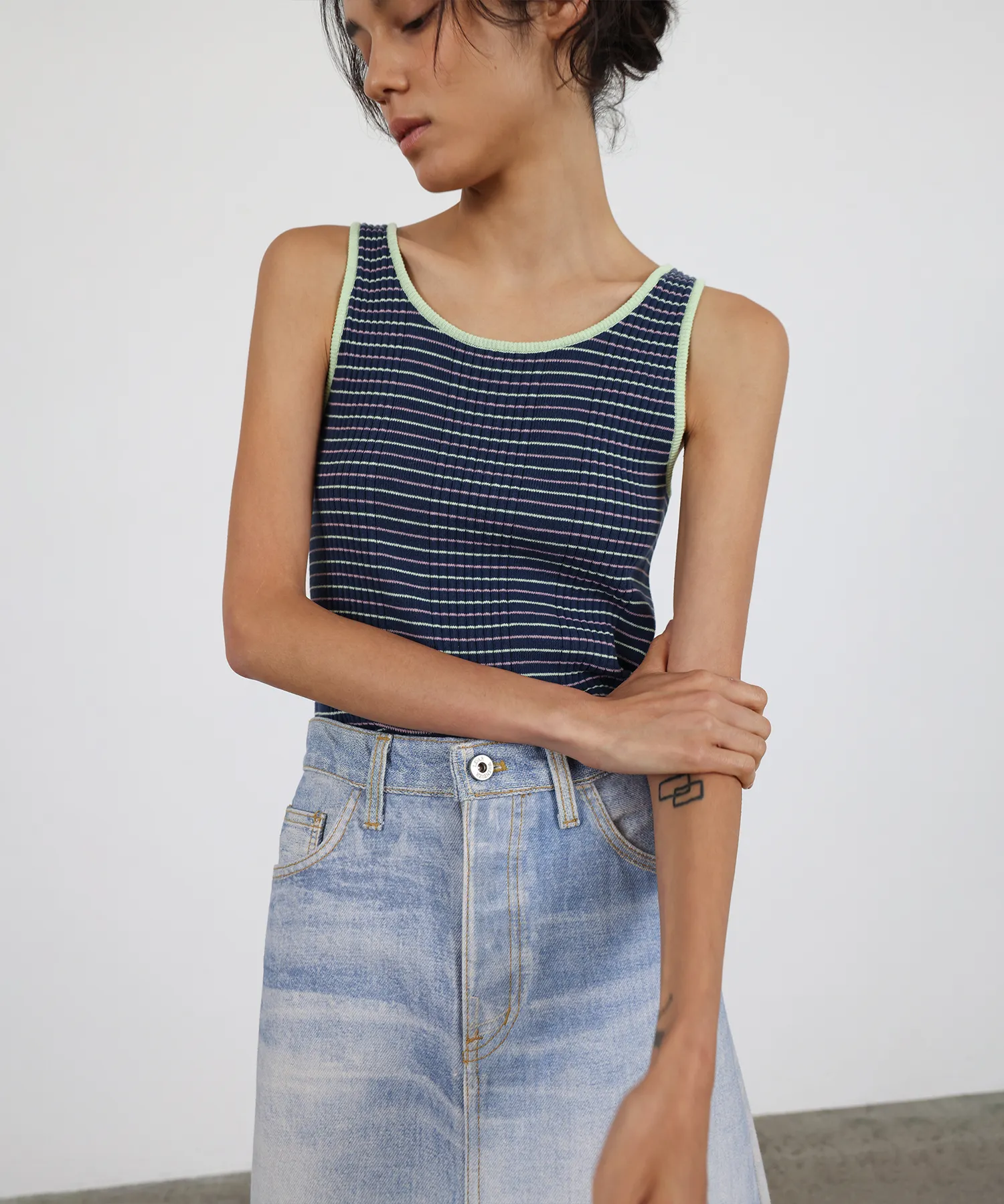 Multi-Stripe Sleeveless Knit Top - Navy/Lime