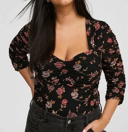Women's Torrid Mesh Sweetheart Shirred Top In Beck Floral Deep Black