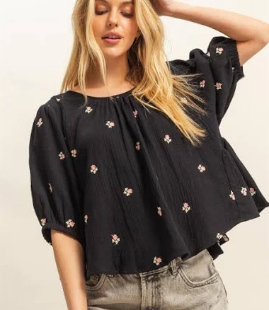 Embroidered Gauze Puff Sleeve Top