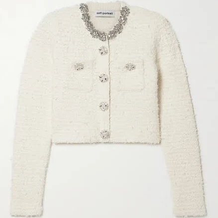 Self-Portrait Cropped Crystal-embellished Cotton-blend Bouclé Cardigan - Women - Cream Knitwear - M