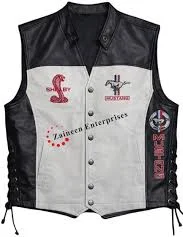 Ford Mustang Shelby Leather Vest Black White Motorcycle Biker Snap Lace Sides