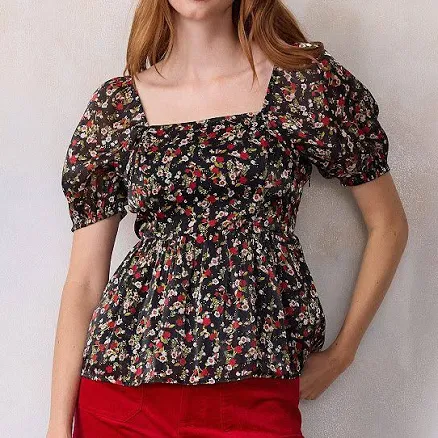 Women's LC Lauren Conrad Puff Sleeve Peplum Top, Size: XXL, Black Harvest Sprinkle