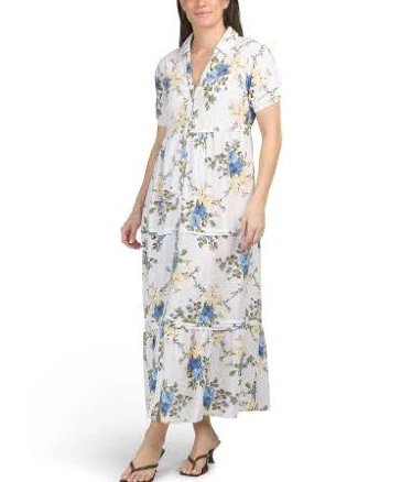 Women's Linen Blend Puff Sleeve Tiered Maxi Dress