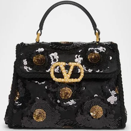 Valentino Garavani VSling Mini Sequin-Embellished Top-Handle Bag, Nero Oro Cream, Women's, Handbags & Purses Top Handle Bags