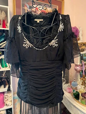 Nanette Lepore Black Silk Pearl Embellished Top Blouse Size 4
