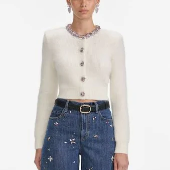 self-portrait Women's Cream Embellished Trim Cardigan